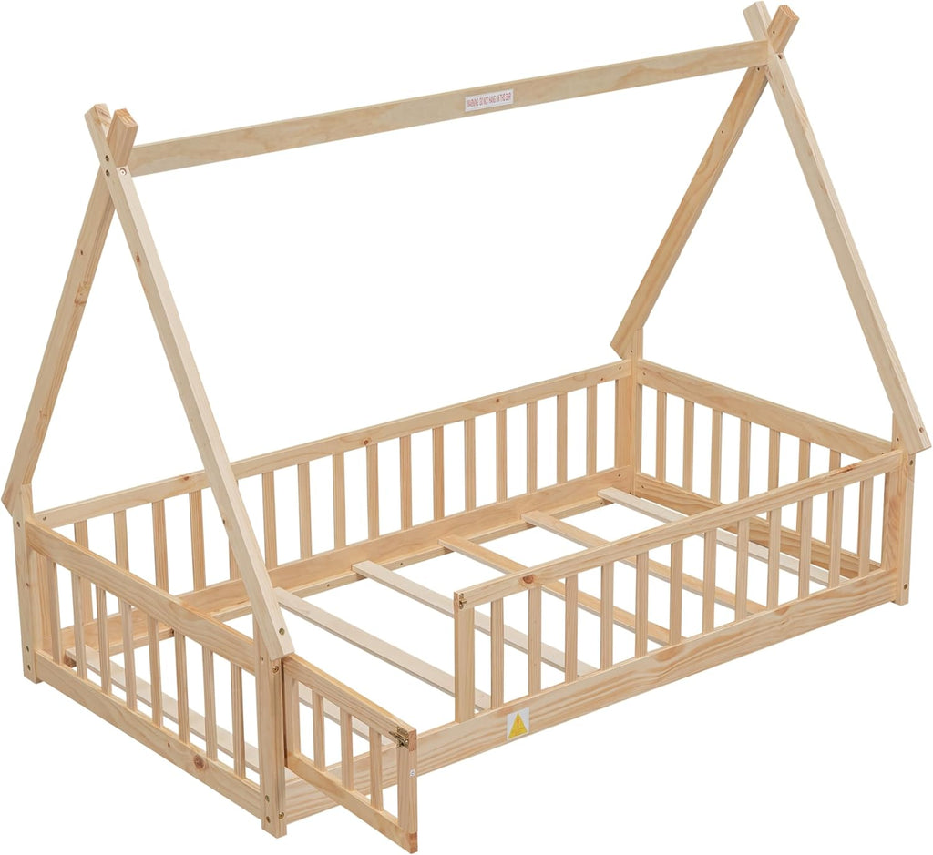 Twin Floor Bed for Kids Tent-Shaped Montessori Floor Bed with Slats and Guardrails Twin Size Wood Teepee Bed Frame