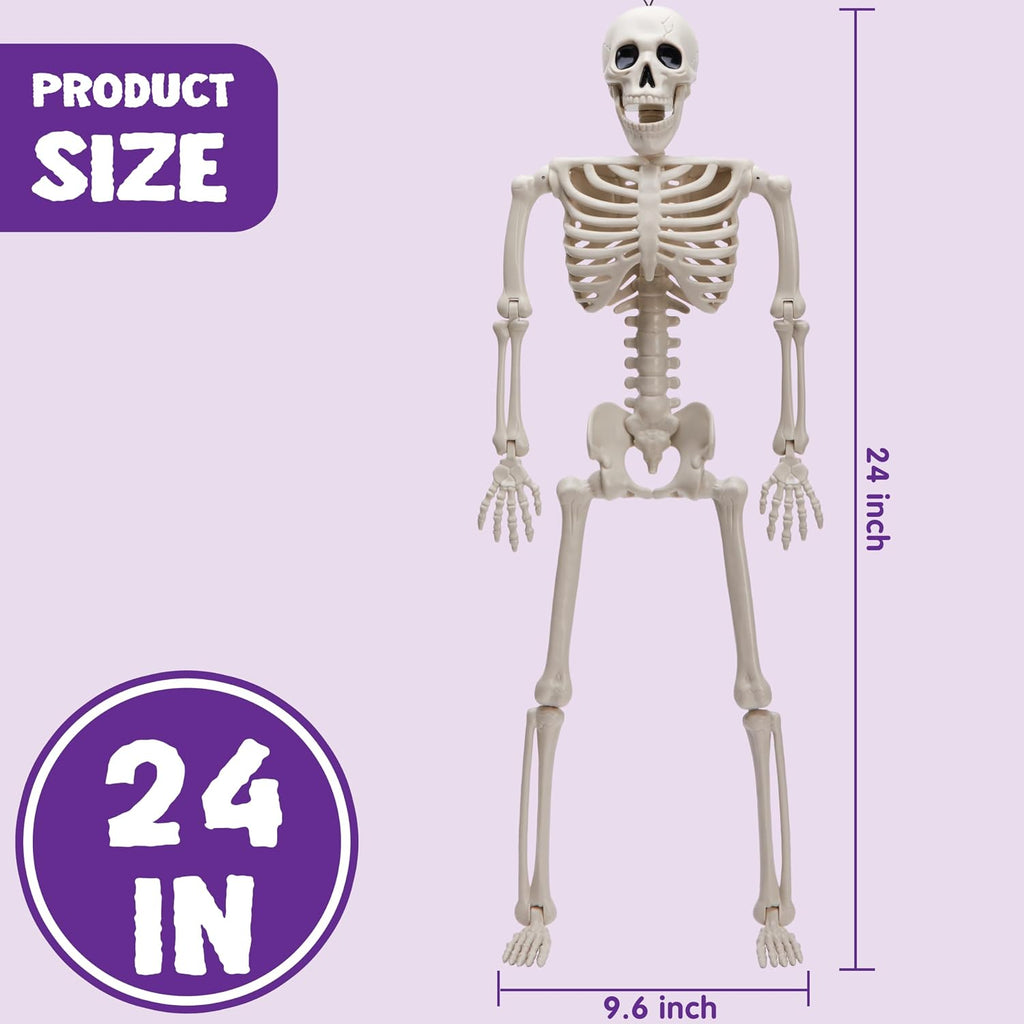 24" Halloween Skeleton Decor, 2 FT Full Body Stayable Posable Skeletons for Halloween, Yellow Human Plastic - Set of 2