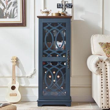 Wine Bar Cabinet with Glass Door, 43" Blue Liquor Cabinet | Wine Rack, Storage Shelf, Thick Base, Elegant Wood Grain