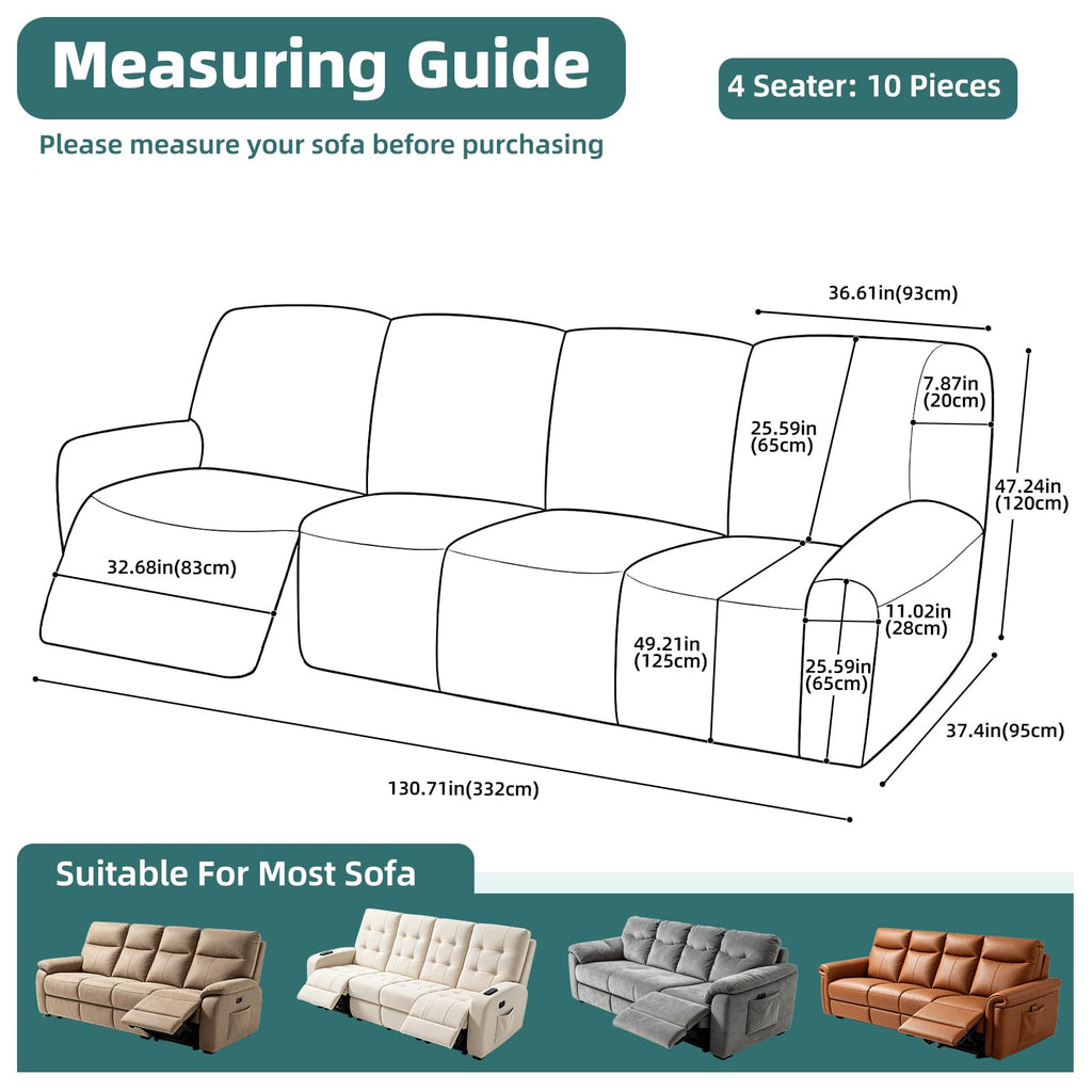 Waterproof Recliner Couch Covers 10-Pieces Velvet Stretch Sofa Covers for 4 Cushion Couch Reclining Slipcover