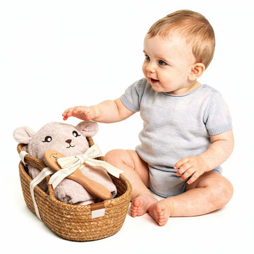 Baby Gift Set 3-Piece, Hooded Towel, Brush & Basket, Bunny