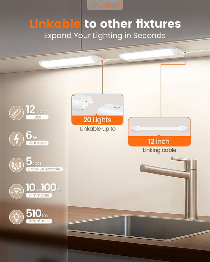 12 Inch LED Under Cabinet Lighting Hardwired & Plug in 120V, 5CCT Color Selectable 2700K-5000K Dimmable 6W 510LM High