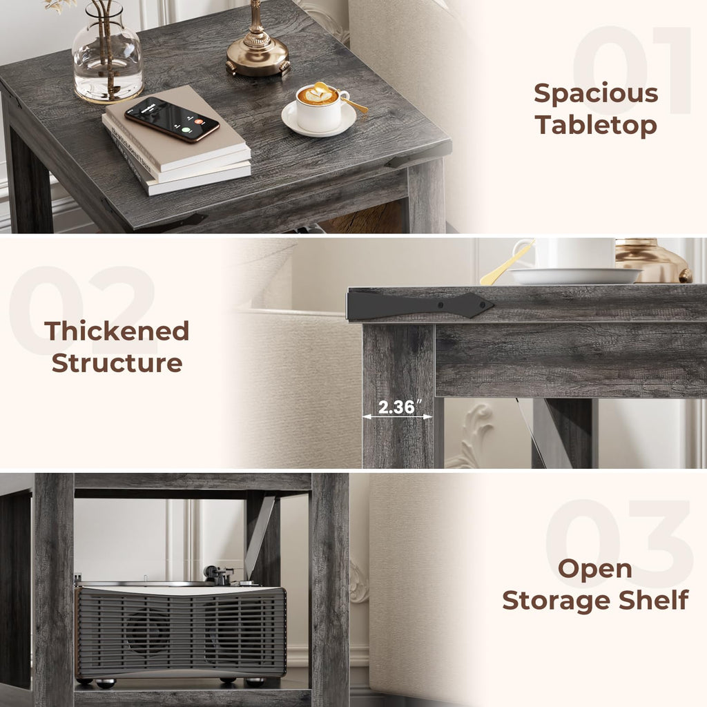 20" End Table with Storage Shelf, Farmhouse Bedside Table, Grey