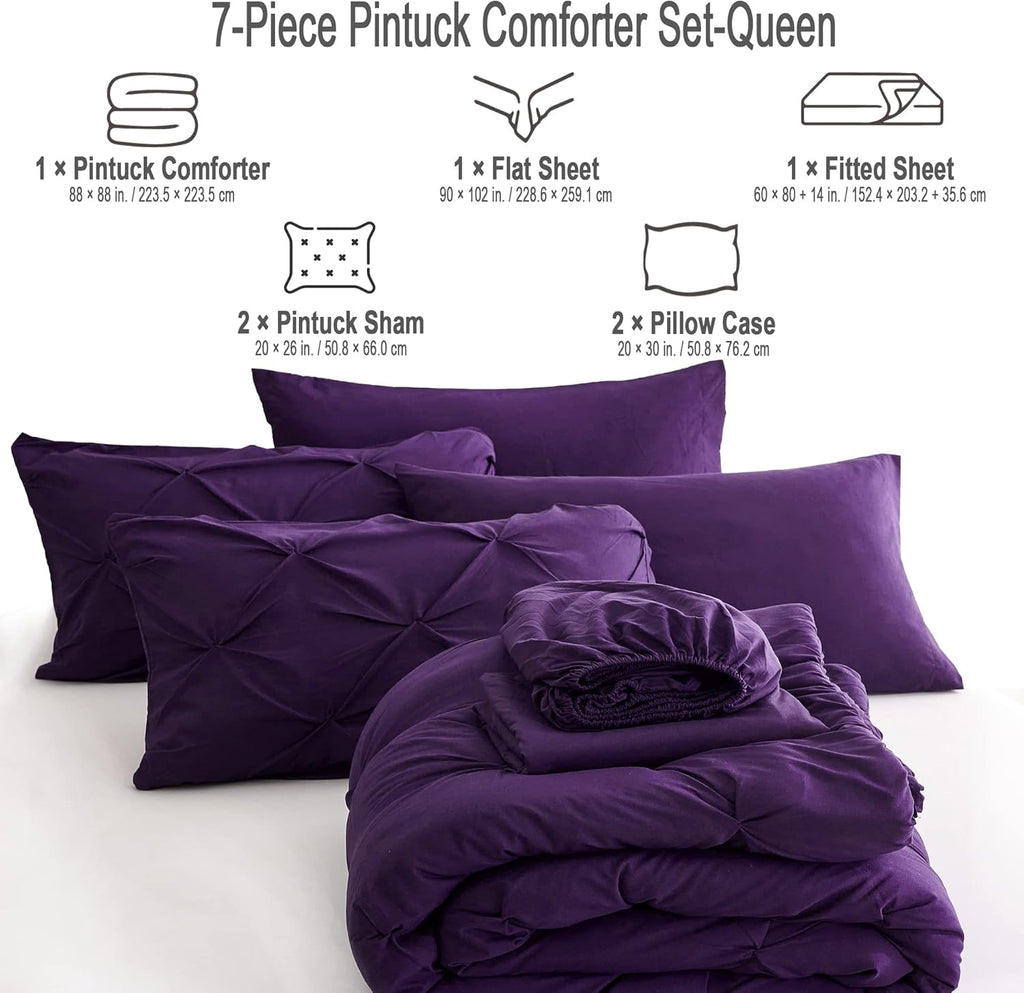 7pc Purple Comforter Set Queen with Sheets, Pintuck 7 Piece Bedding Comforters Bed in a Bag for All Season