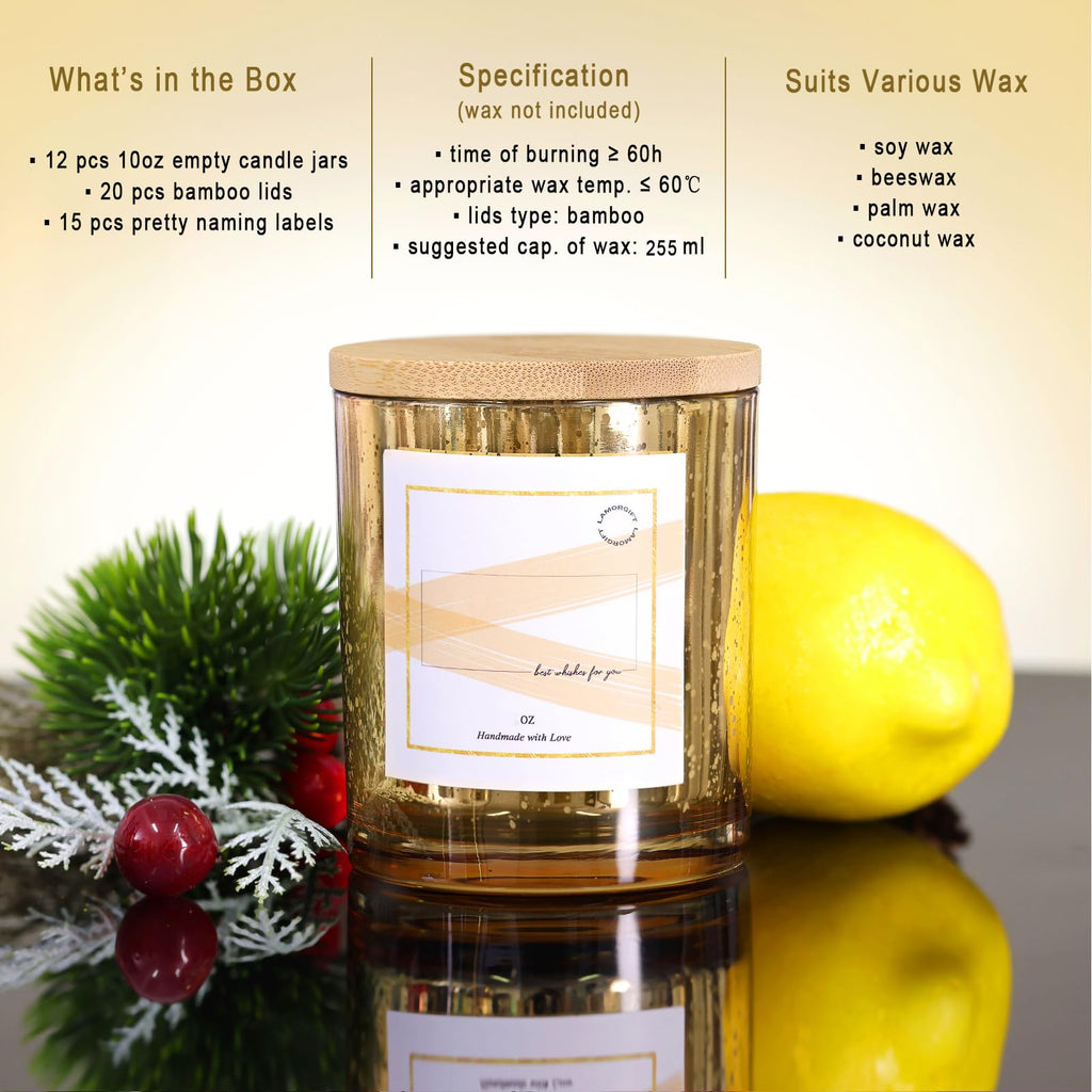12 Pack Gold Mercury Glass Candle Jars (10oz) with Lids - Candle Makes Accessory Set Including 15 Labels