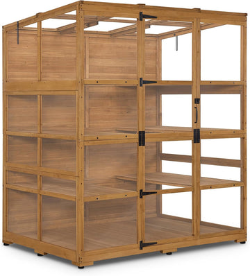 Macrout Wooden Walk-in Greenhouse with Acrylic Panels, Large Greenhouse Outdoor with Openable Roof Vents with