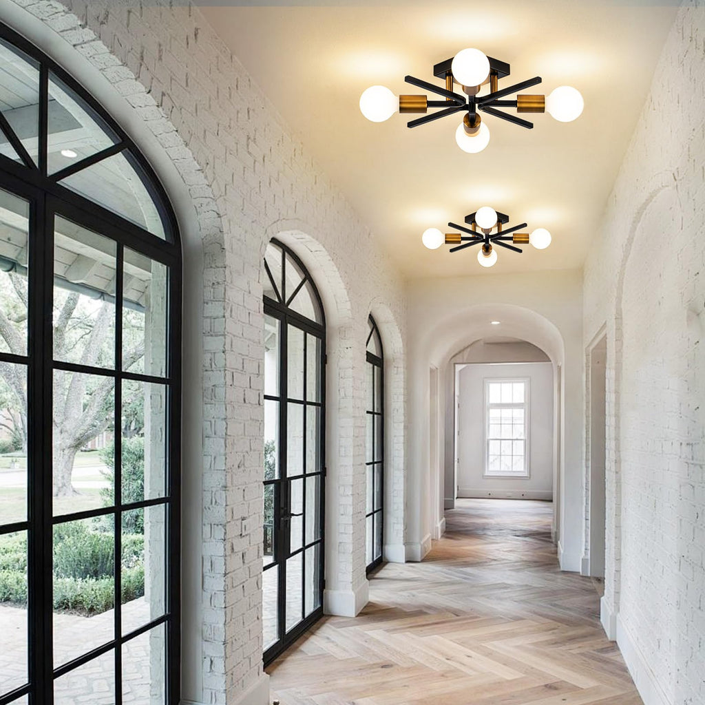 Black Gold Sputnik Ceiling Light Fixture, Farmhouse Semi Flush Mount