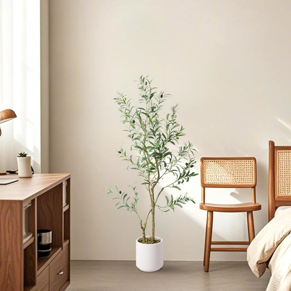 Fake Olive Tree 4FT Tall 1Pack with White Planter Decor