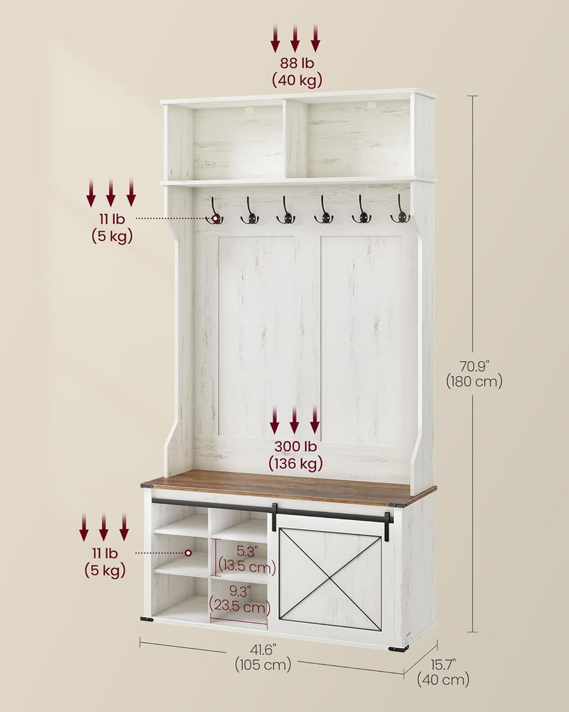 Hall Tree with Bench and Shoe Storage, Coat Rack with Shoe Bench, Entryway Furniture, 6 Tri-Hooks, Sliding Door