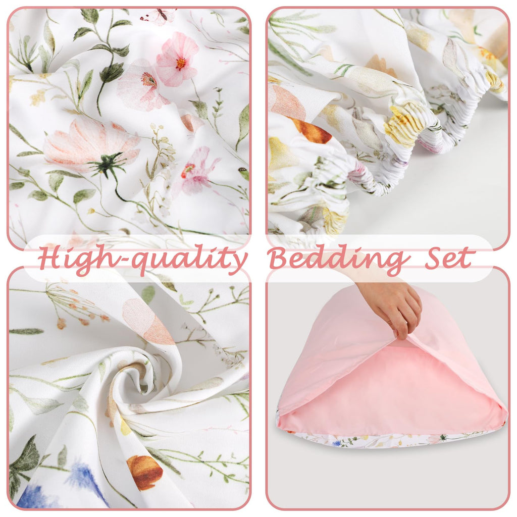 Toddler Bedding Set for Girls, 4 Piece Floral Toddler Comforter Set, Ultra Soft Baby Girl Crib Bed Bedding Includes