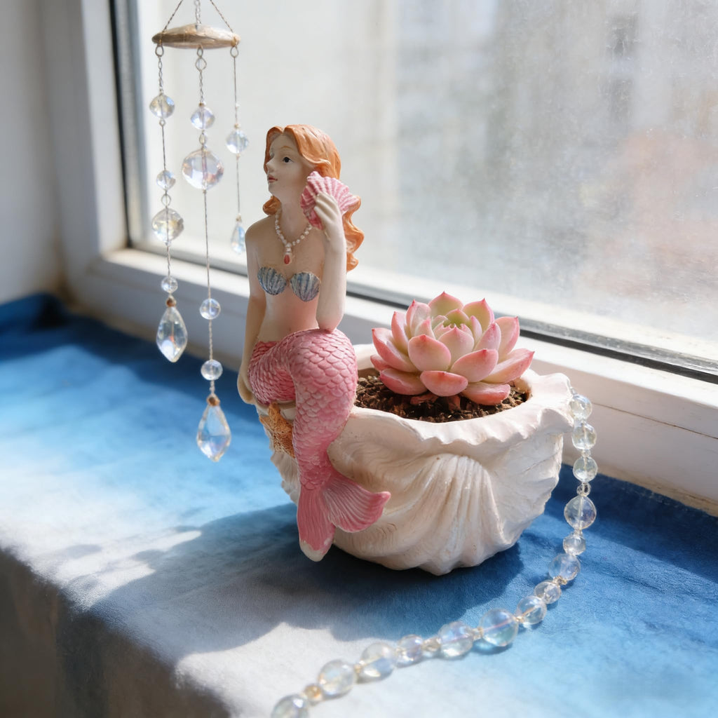Mermaid Resin Planter Statue, Conch Base Succulent Flower Pot Garden Nautical Decor (Pink)