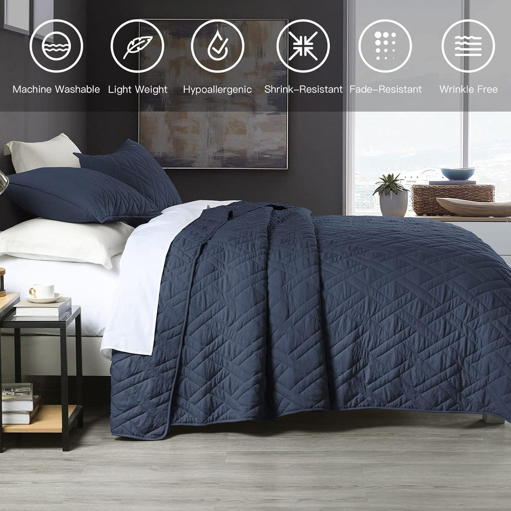 Quilt Set Queen Navy Blue, Classic Geometric Diamond Stitched Pattern, Ultra Soft Microfiber Lightweight Bedding