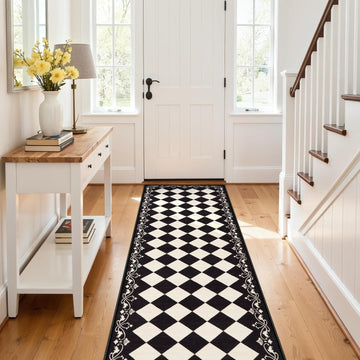 Checkered Kitchen Runner Rug 2x6 Vintage Modern Washable Runners s Non Slip Low Pile, Moroccan Framhouse Bathroom