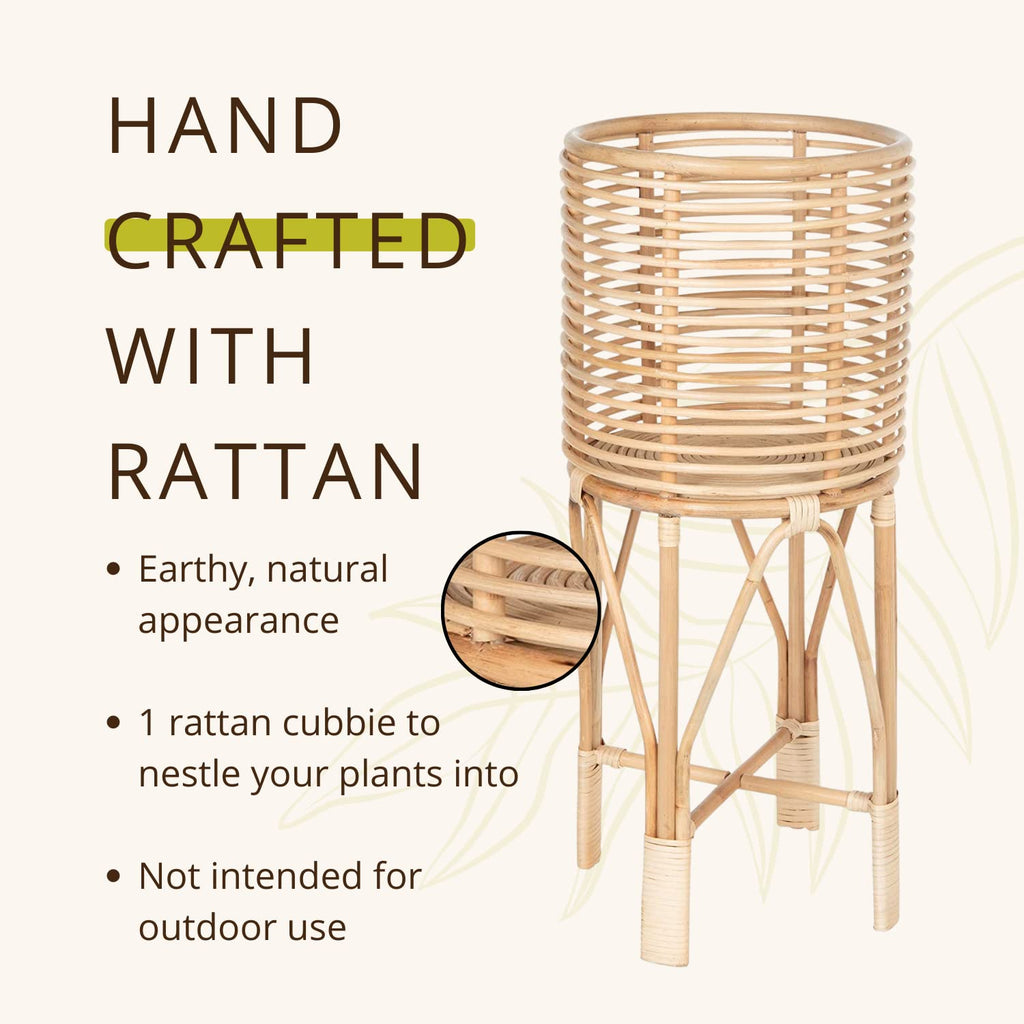 Rattan Two-Tier Plant Stand, Indoor Boho Planter Shelf, Medium Brown