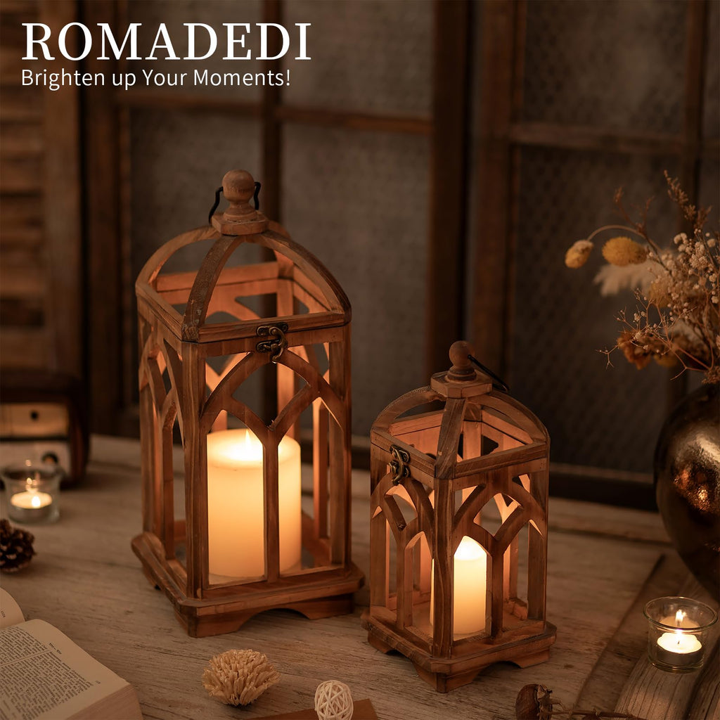 Farmhouse Wood Candle Lantern Decorative 12"/16", Set of 2, Brown
