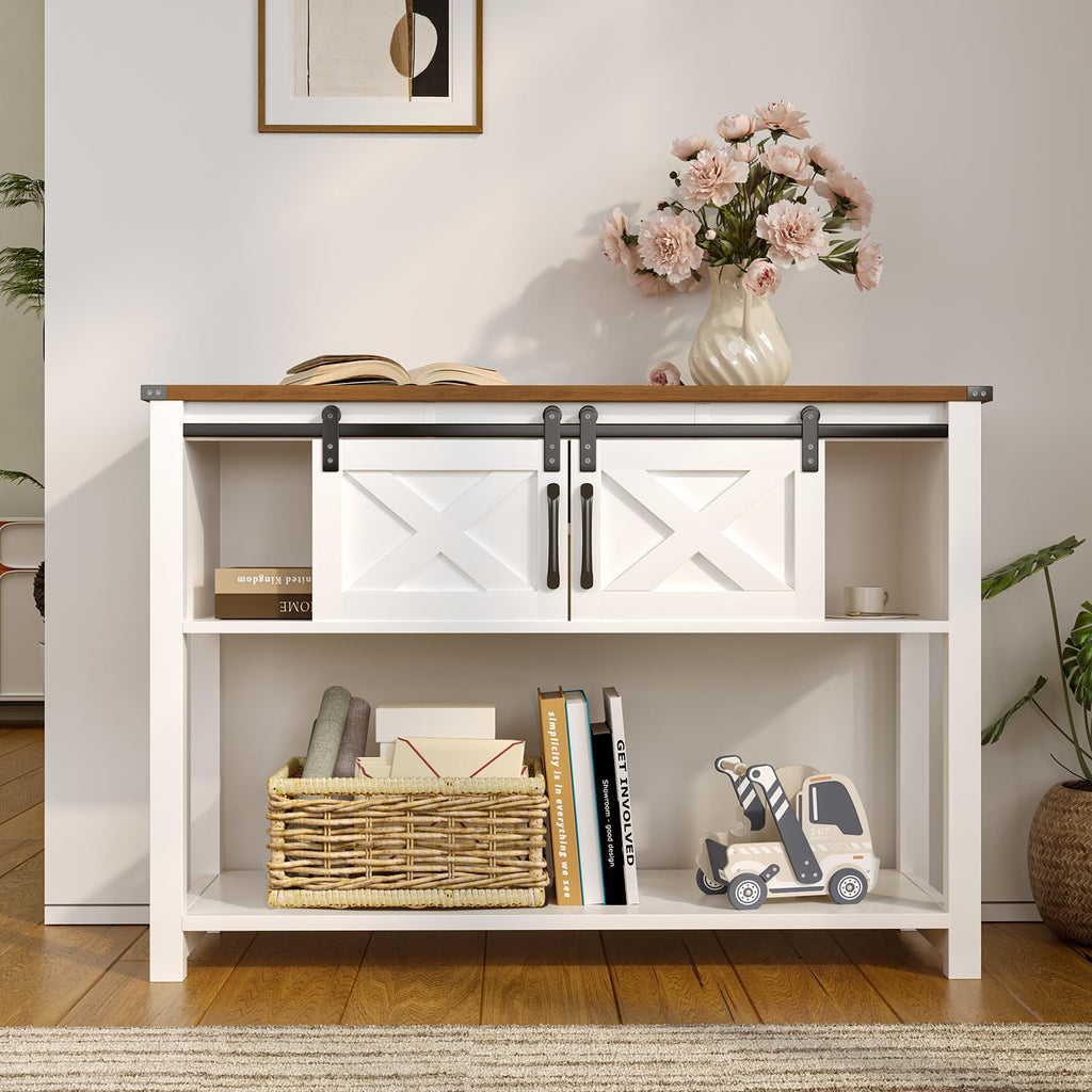 Farmhouse Entryway Table with LED Light, Sofa Table with Sliding Barn Door, Adjustable Open Shelves, 46" Rustic