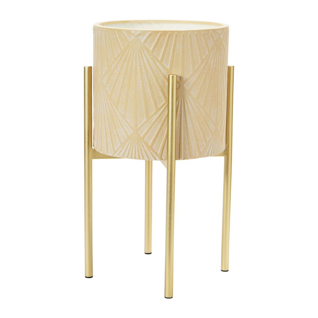 Modern Boho Embossed Metal Planters with Stands, Cream and Gold, Set of 2 Sizes