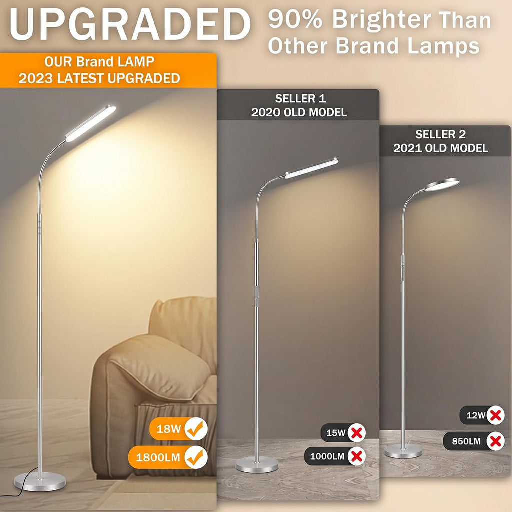 Silver Modern Floor Lamp, 18W 1800LM Bright LED, Touch Control & Memory Function, Dimmable Timing Eye-Caring Lamp
