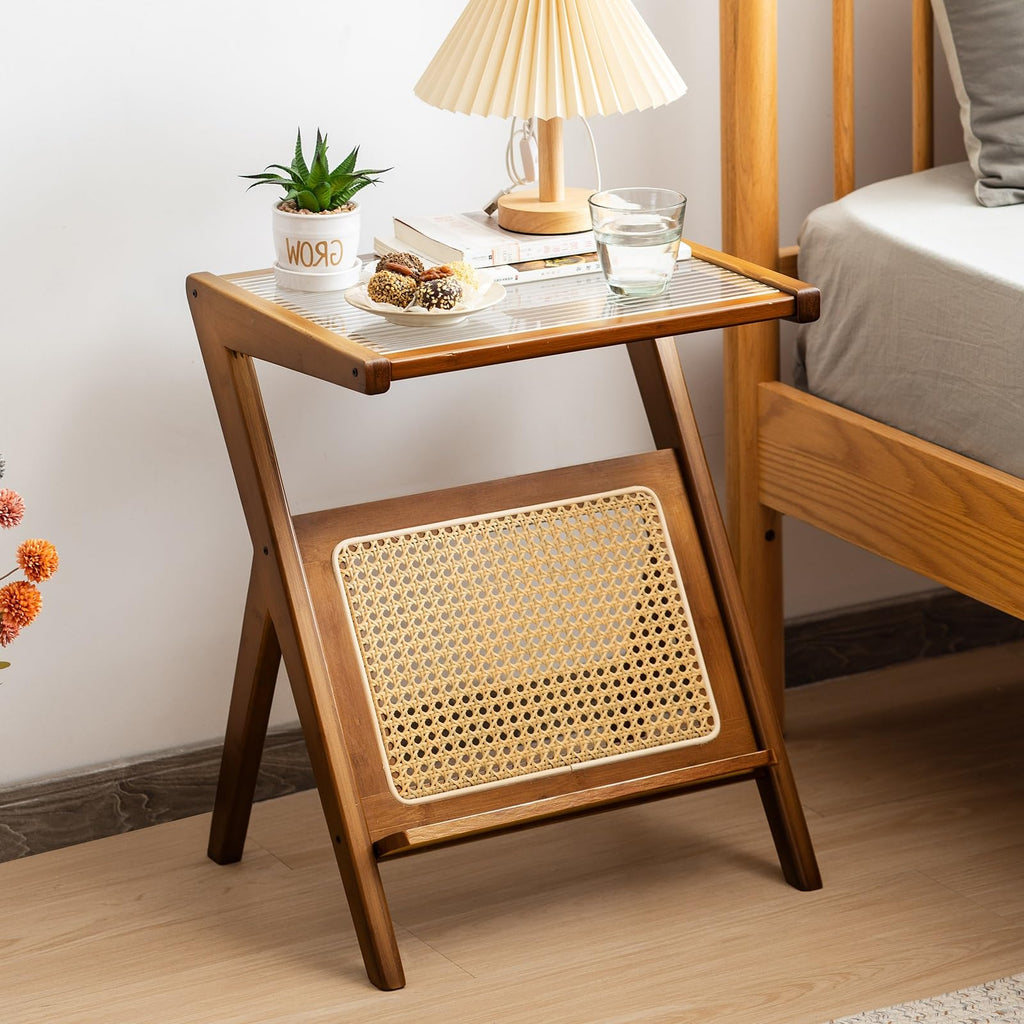 Rattan Side Table, Boho Nightstand with Glass Top & Magazine Rack, with Storage, Bamboo Bedside Table for Small Space