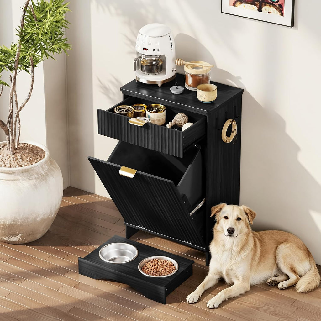 Tilt-Out Trash Cabinet with Dog Feeding Station, Pet Food Storage, Black
