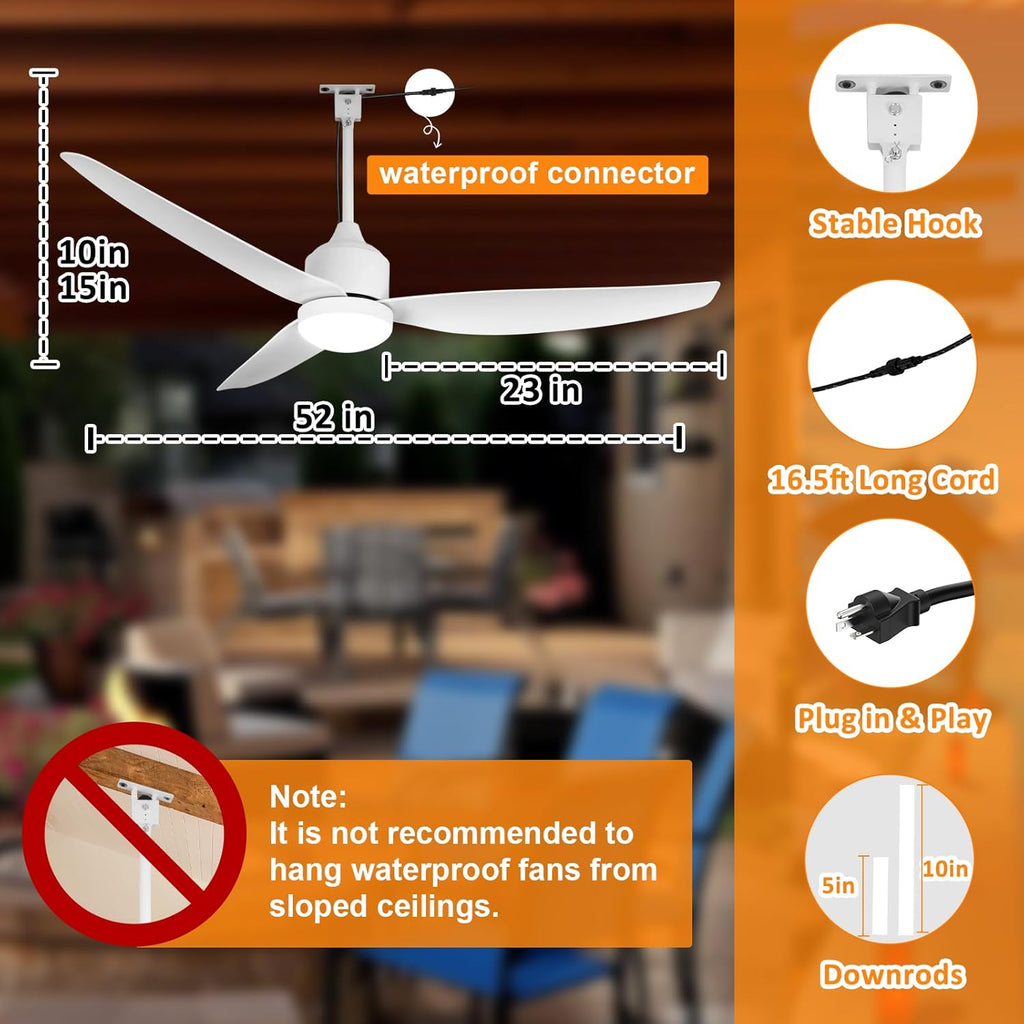 52 Inch Waterproof Gazebo Fans with Lights Outdoor Hanging - Plug in Remote App Control for Patio Indoor Farmhouse Porch - White 6 Speed Reversible DC Motor A101-B0F7X9XL6Q