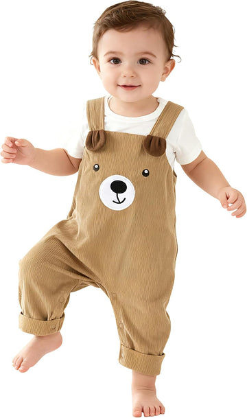 Baby Bear Overalls Set Brown Corduroy Suspender Pants White Short Sleeve Top Cute Animal Design Infant Outfit