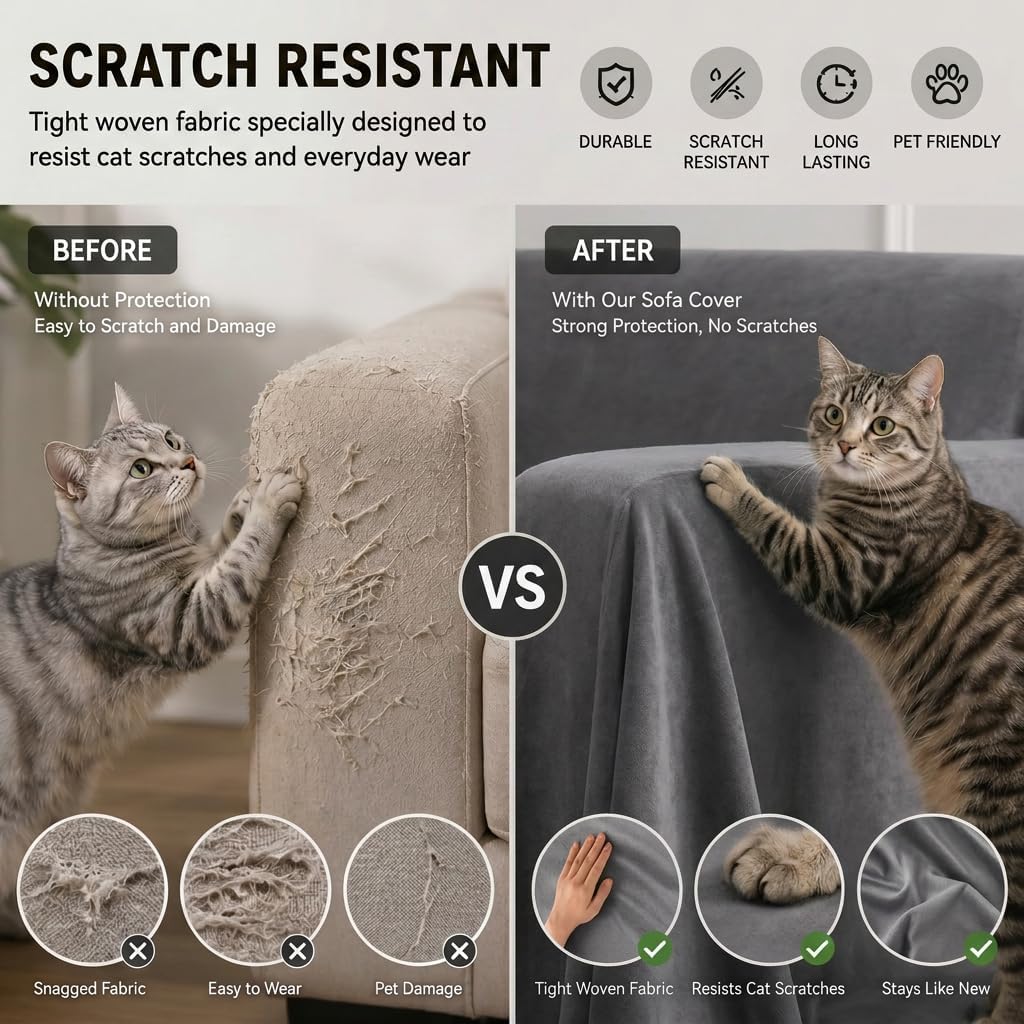 Cat Scratch Couch Cover Waterproof Sofa Cover 118"x71" Gray
