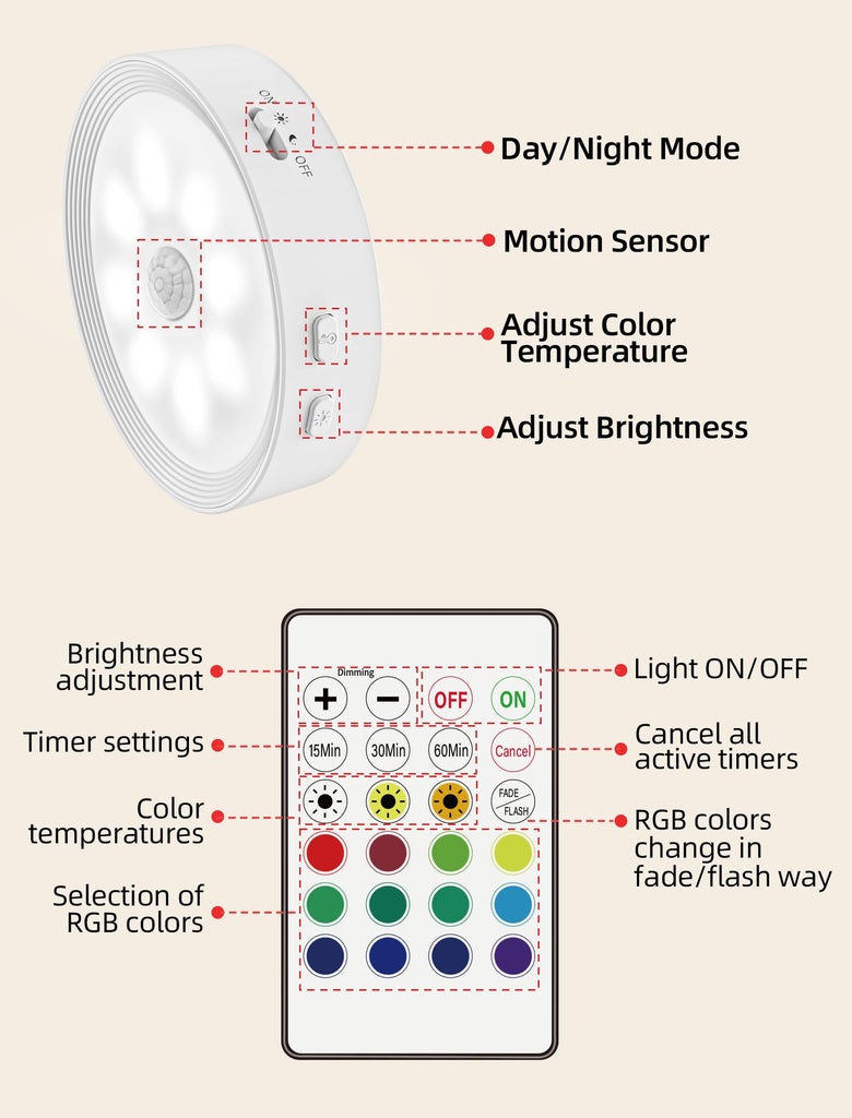 6PACK Rechargeable Puck Lights with Remote Motion Sensor Light indoor White