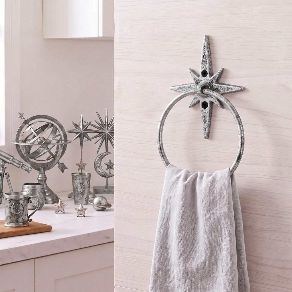 Atomic Star Decorative Cast Iron Towel Ring Holder Round Atomic Age Hand Towels Holder Racks for Mid Century Modern