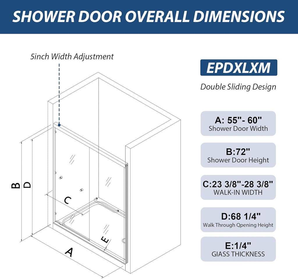 Double Sliding Shower Door 55"-60" W x 72" H with Nano Anti-Explosion Safety Film