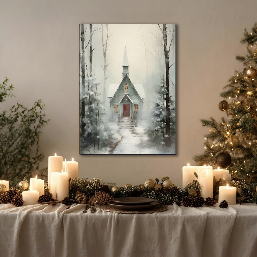 Winter Cabin Wall Art Poster Print 24x36inch, Snowy Forest Scene Art, Framed Christmas Prints - Christmas Canvas