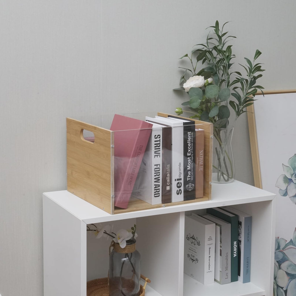 2-Pack Vinyl Record Storage Box, Bamboo & Acrylic Crate
