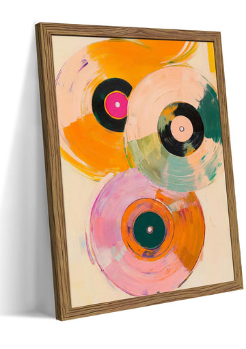 Vintage Vinyl Record Wall Art - Framed Canvas Music Decor & Studio, Colorful Abstract Oil Painting in Wood Frame