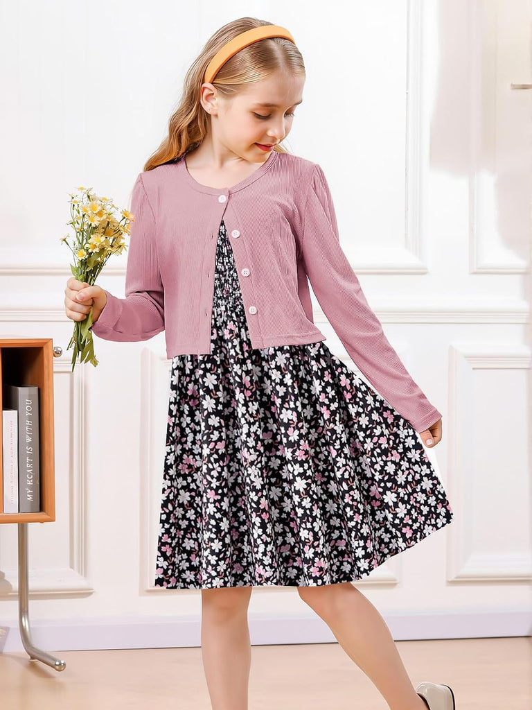 Girls Casual Adjustable Strap Sleveless Dress Cardigan Set