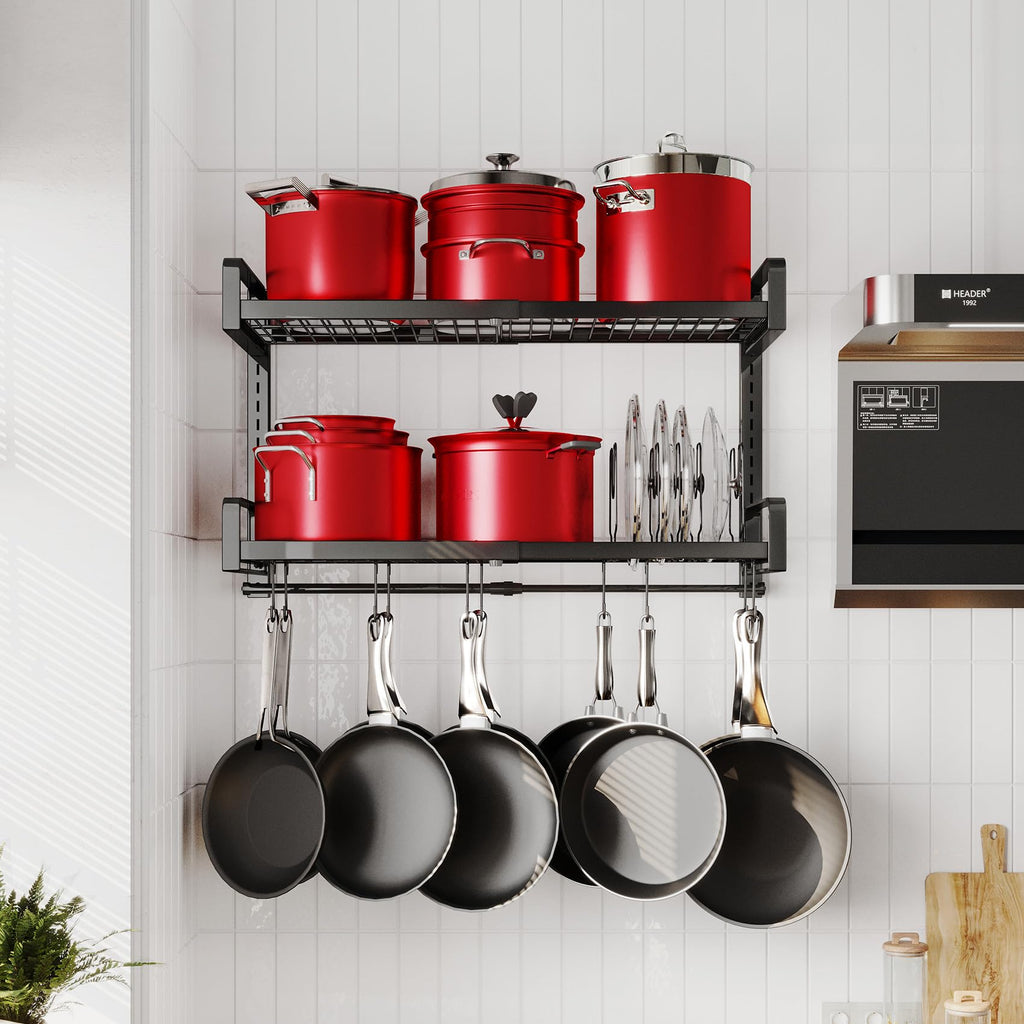 19"- 30" Expandable Hanging Pot Rack, 2 Tier Heavy Duty Wall Mounted Pots and Pans Organizer with 10 Hooks and 5 Pot
