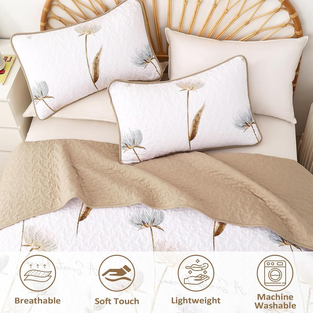 King Quilt Set Floral,3 Pieces Khaki/Beige Farmhouse Quilts Lightweight Fall Bedspreads Flower Pattern Coverlet Bed