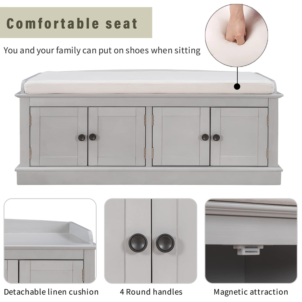 Upholstered Storage Bench with 4 Doors and Removable Cushion, Wooden Shoe Bench with Adjustable Shelves, Grey