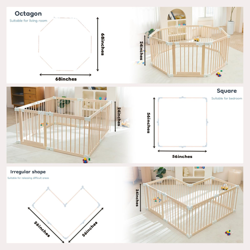 Baby Playpen, Foldable Wooden Play Yard with Gate and Child Proof Lock
