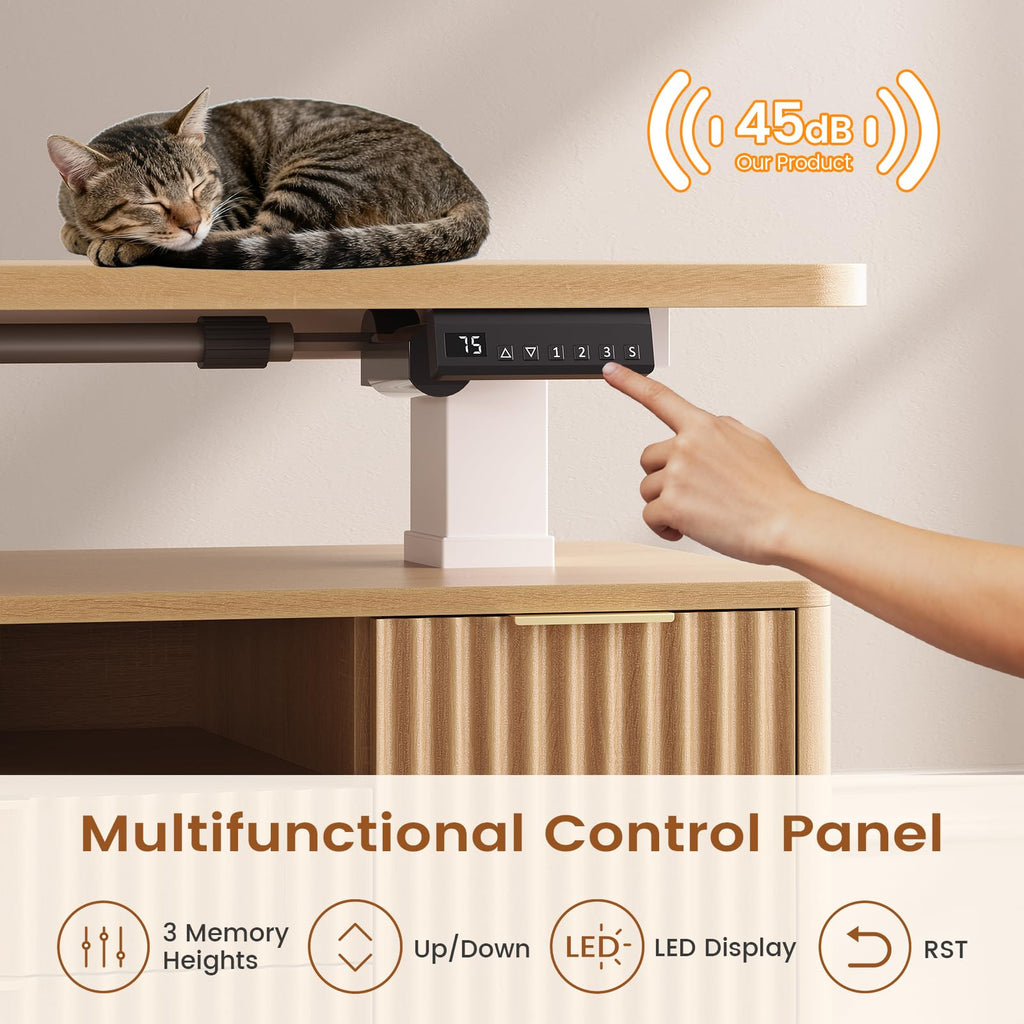 Fluted L Shaped Executive Electric Standing Desk with 4 Drawers