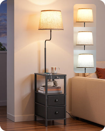 Floor Lamp with Table, Dimmable USB-A+Type-C Ports, Remote, Black