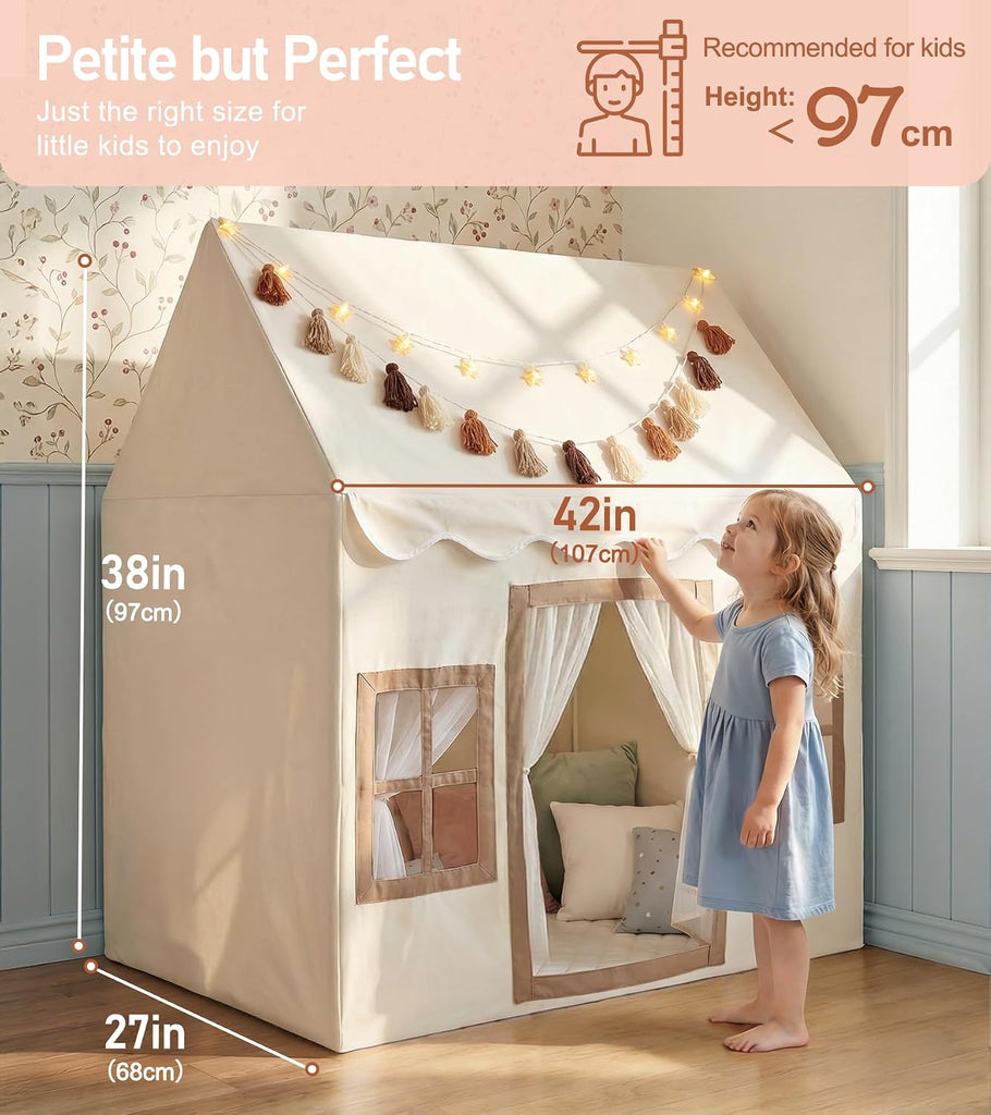 Kids Play Tent with Mat, Kids Playhouse with 2 Windows, Star Lights & Tassel Garland, Indoor Outdoor Reading Nook