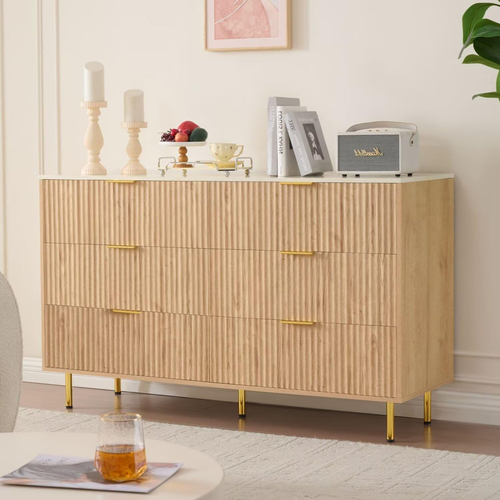 Faux Marble Top 56" Wide 6 Drawers Dresser with Gold Handle, Oak