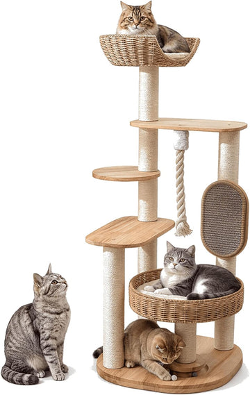 Solid Wood Cat Tree for Large Cats, Modern Tall Cat Tower(49.6In)
