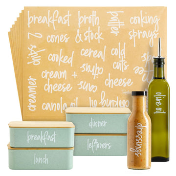 Labels for Storage Bins - 158 Count, White Script Vinyl - Removable Waterproof Labels for Food Containers & Pantry, &