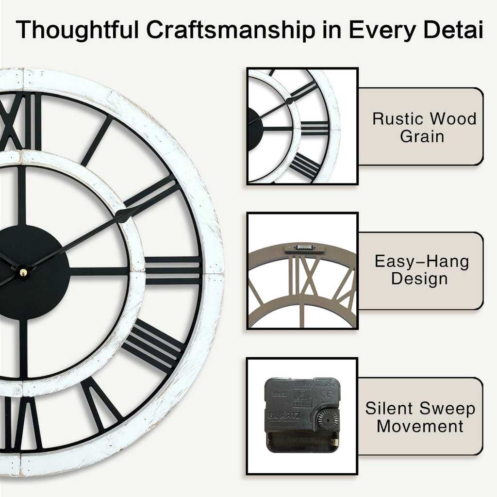 16 Inch Rustic Wall Clock Silent Non-Ticking Wooden Wall Clocks with Roman Numerals Farmhouse Decorative Clock