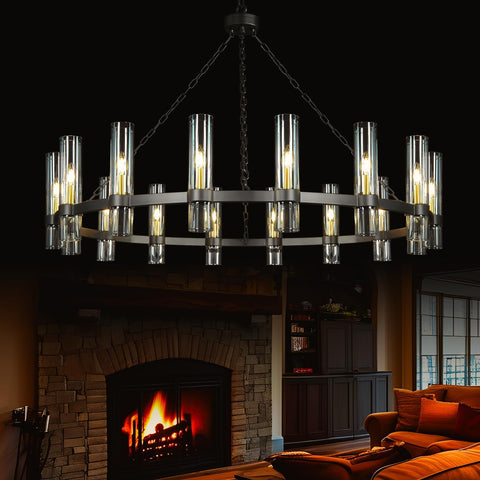 Black Wagon Wheel Chandelier, 16 Light Round Industrial Pendant Lighting, Modern Farmhouse Decor Light Fixture, Hanging Lighting for Living Room Dining Room Porch Foyer Hallway, 50.39in, E12 Base A115-B0DSVMXMB6