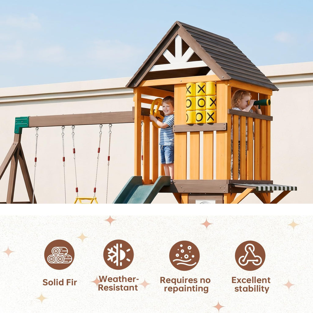 Wooden Swing Sets for Backyard - Outdoor Playset | 7 FT Wave Slide, 3 Swings, Play Kitchen, Toy Telescope, Steering
