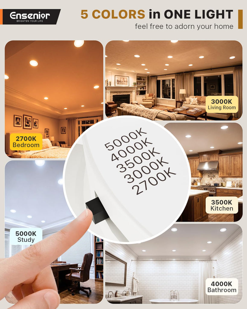 5/6 Inch LED Recessed Can Lights, 5CCT, 9W, 1000LM, 4 Pack