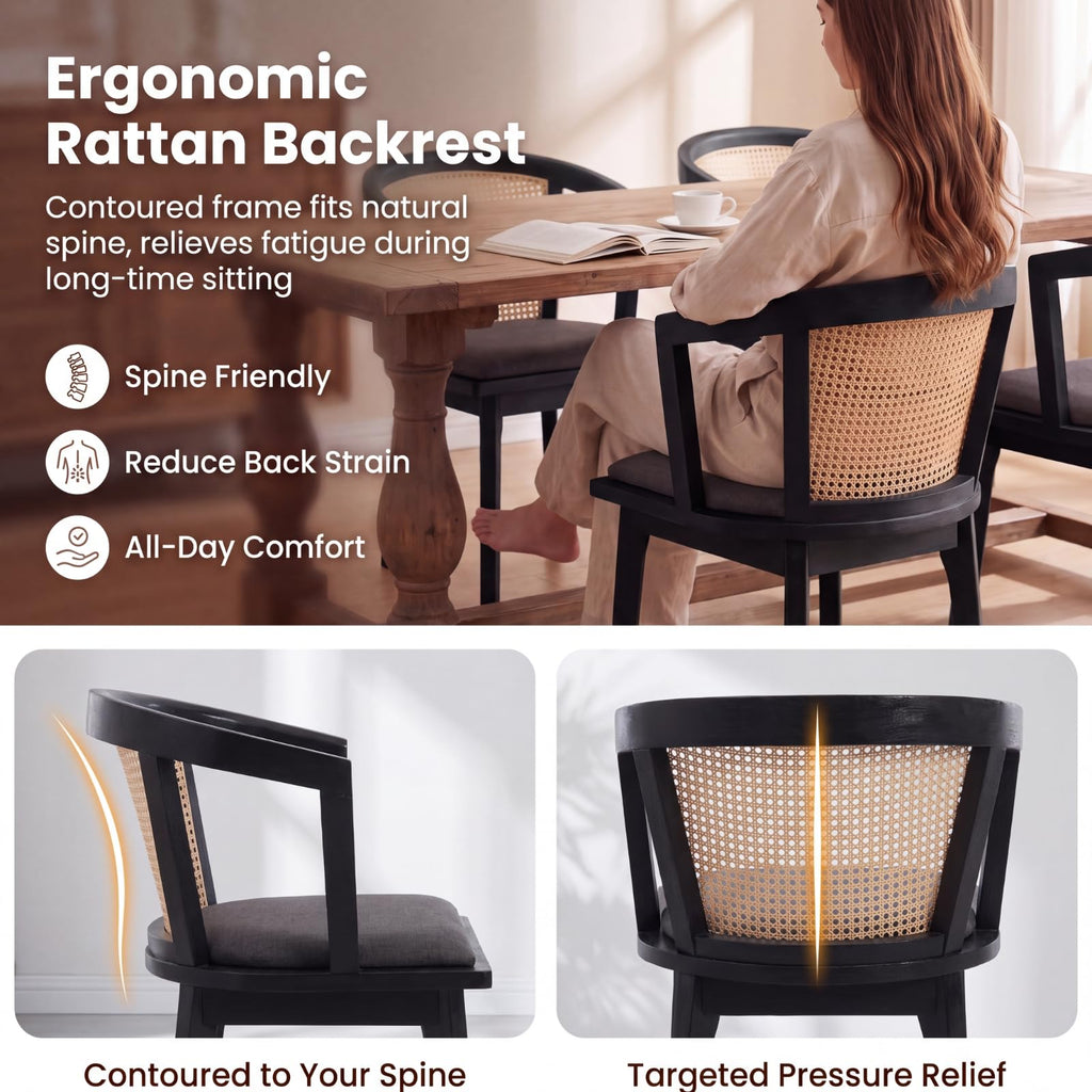 Rattan Mid Century Dining Chairs Set of 8 Modern Farmhouse Dining Room Chairs with Cane Curved Back and Black Wooden