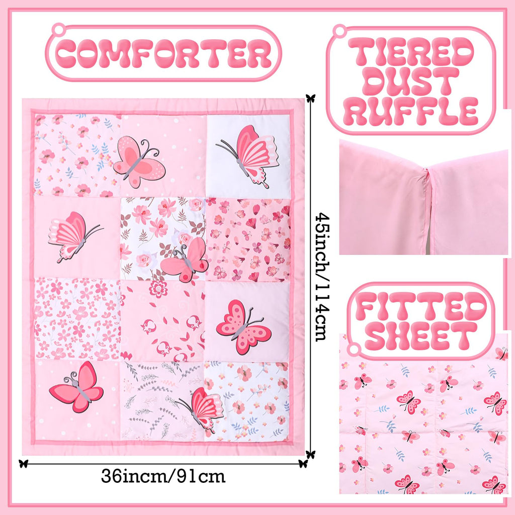3 Pieces Butterfly Baby Crib Bedding Set for Girls, Pink